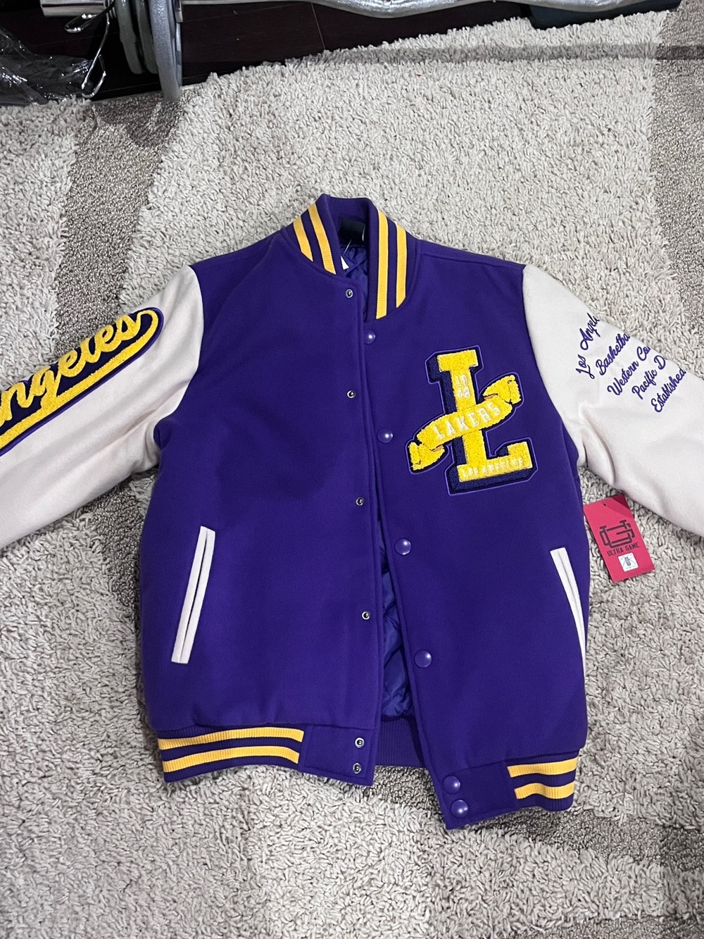 Purple & White Varsity Jacket with Yellow Accents - LA Lettering